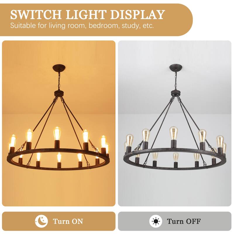 12-Light Circel Candlestick Wagon Wheel Chandelier Hanging Linear Chandelier Lighting for Kitchen Island
