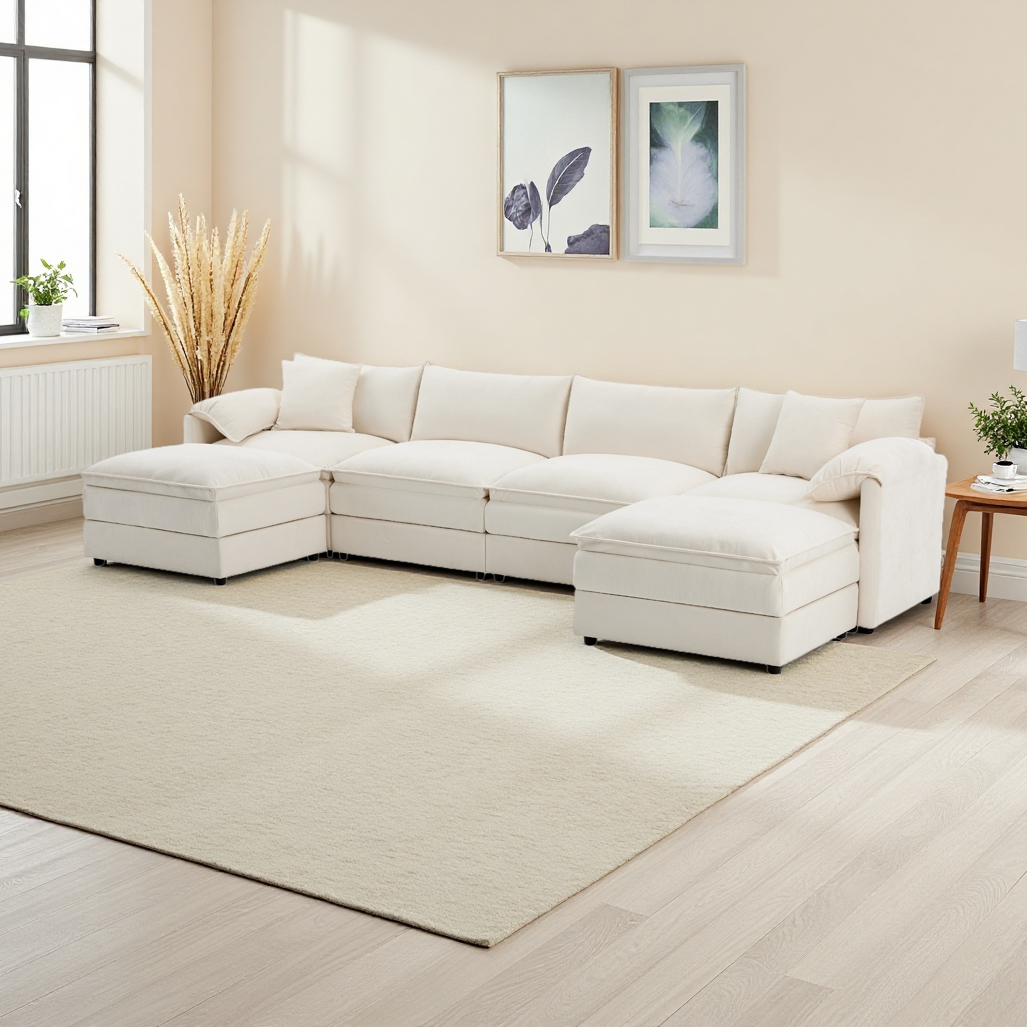 136" Chenille Modular U-Shaped Sectional Sofa with Double Cushions and Movable Ottoman (6-Seater)