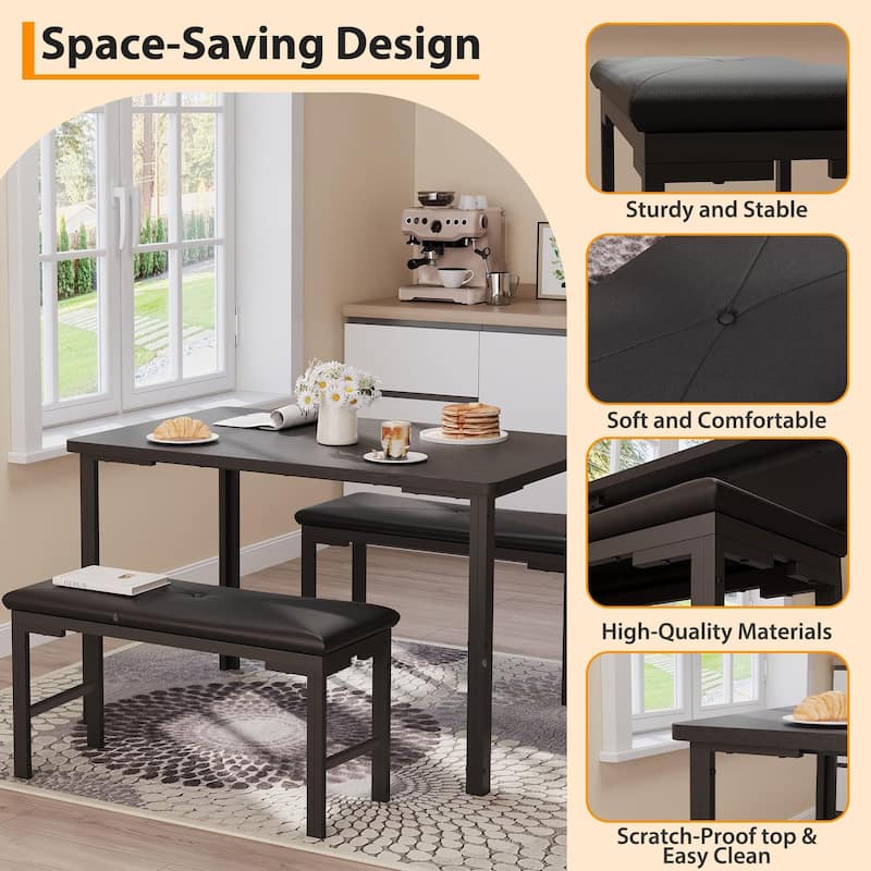 Dining Table Set for 4, Kitchen Table with 2 Benches with Metal Frame, Space-Saving
