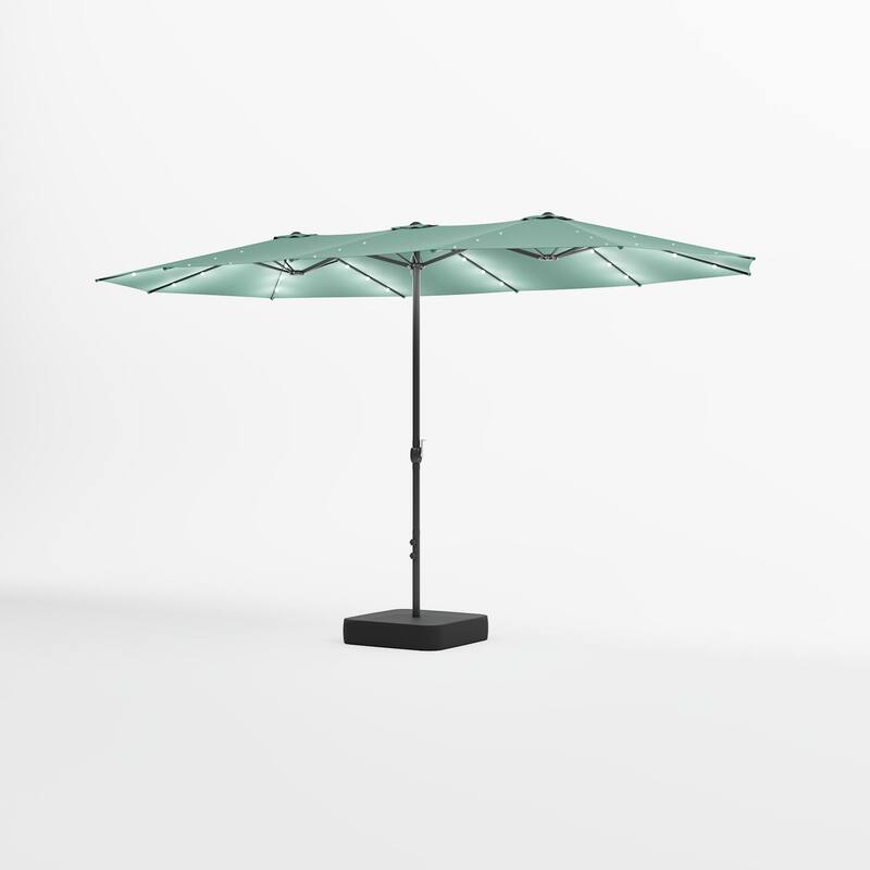 15ft Solar LED Double Patio Umbrella with Base, Extra Large Twin Outdoor Market Umbrella with 36 Lights, 180g Polyester Canopy