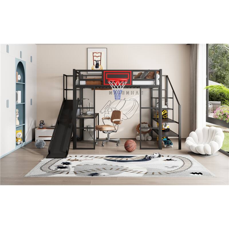 Roomfitters Full Metal Loft Bed with Slide, Desk, Wardrobe and Basketball Hoop, Black