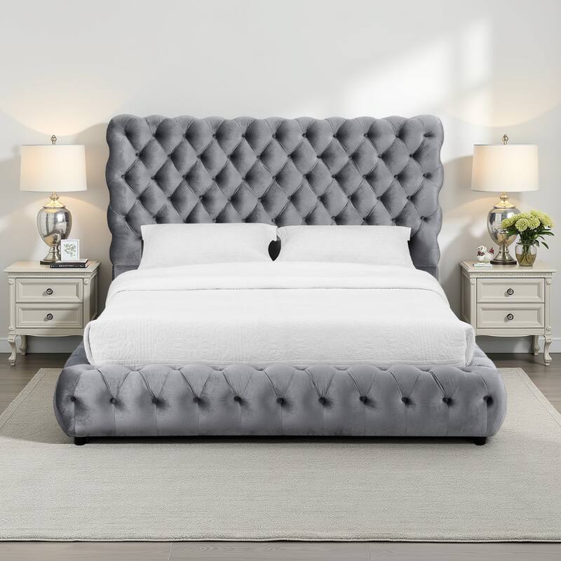 James King Size Bed, Platform Style, Button Tufted Gray Velvet Upholstery
