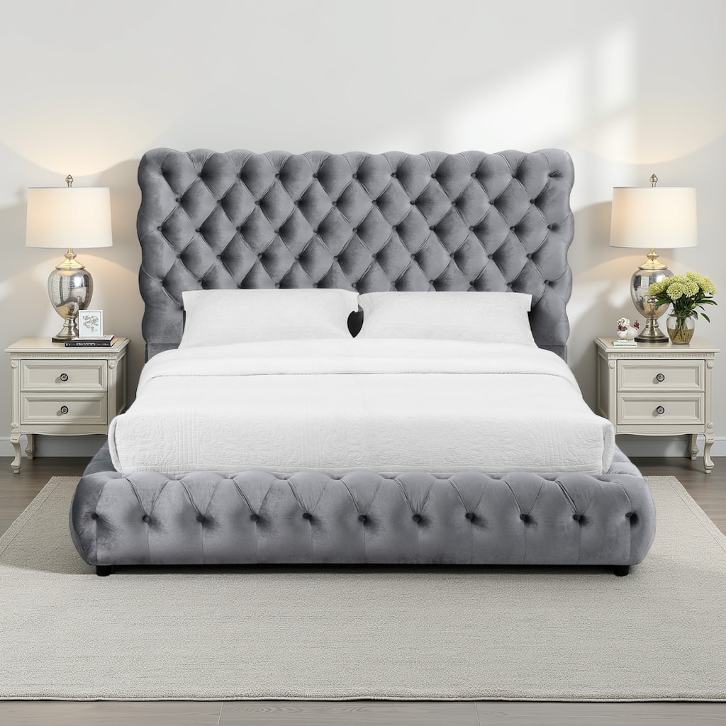 James King Size Bed, Platform Style, Button Tufted Gray Velvet Upholstery