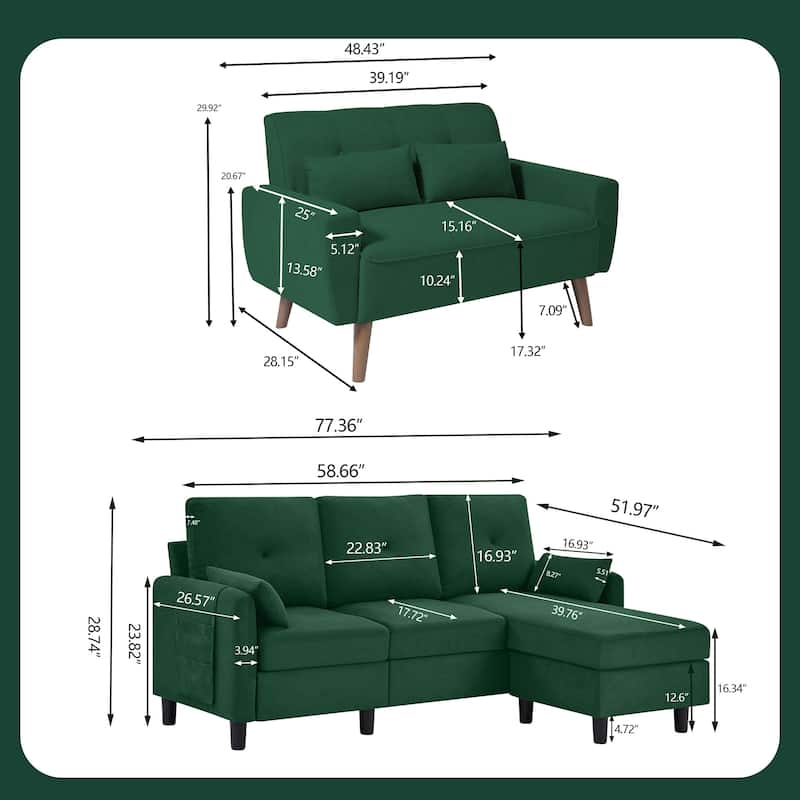 3 Pieces Living Room Set with Storage Ottoman