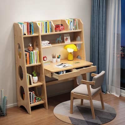 Wooden Kids Study Desk and Chair Set with Bookshelf and Storage Drawer