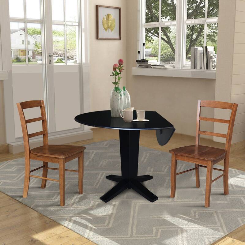 42 in Round Drop Leaf Pedestal Table with Dining Chairs in Black/Distressed Oak