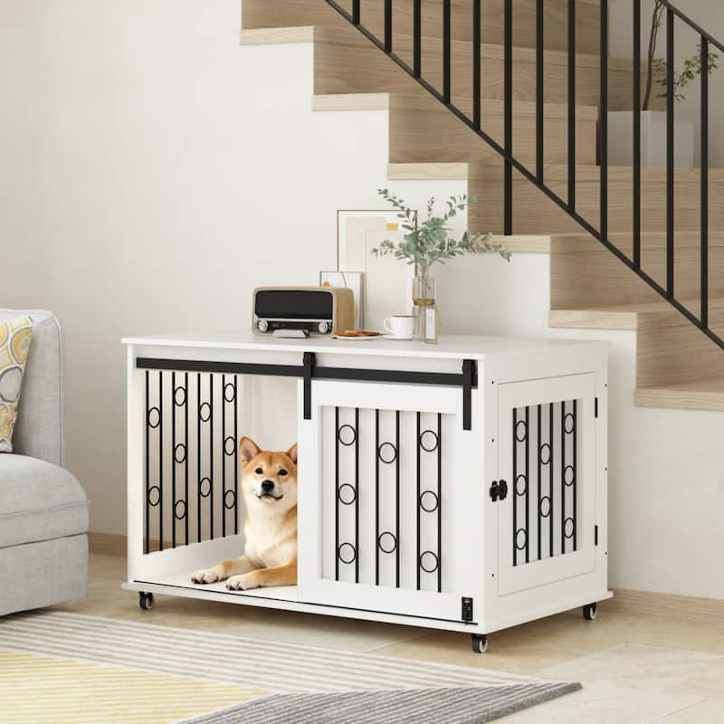 Modern Wooden Dog Crate Furniture with Sliding Barn Door and Side Door - White