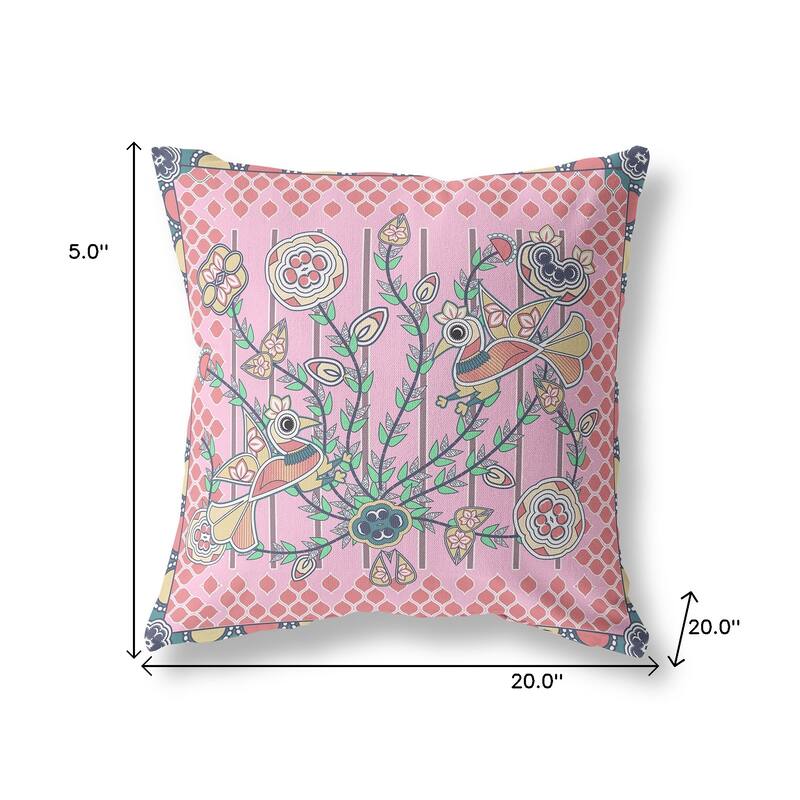 HomeRoots 20" x 20" Pink Peacock Blown Seam Floral Indoor Outdoor Throw Pillow - 20.00' X '5.00' X '20.00