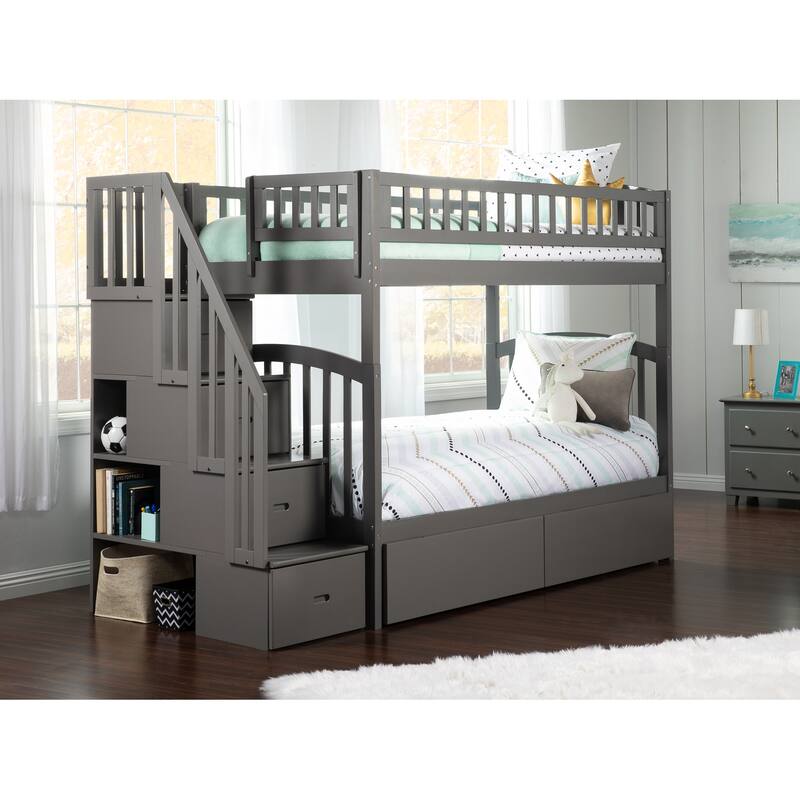 AFI Westbrook Twin over Twin Size Staircase Bunk Bed with Bed Drawers & Charging Station in Grey - Grey - Twin