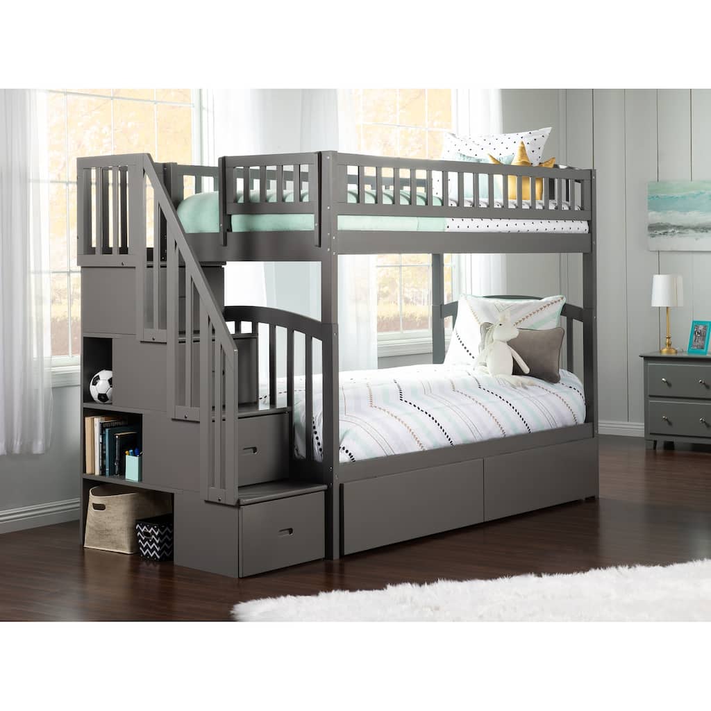 AFI Westbrook Twin over Twin Size Staircase Bunk Bed with Bed Drawers & Charging Station in Grey