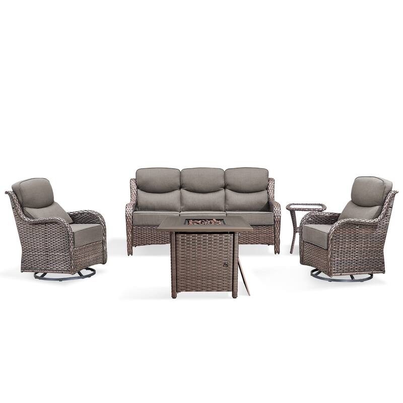 Pocassy 5 Pieces Outdoor 6" Sofa Swivel Chair with Fire Pit Table
