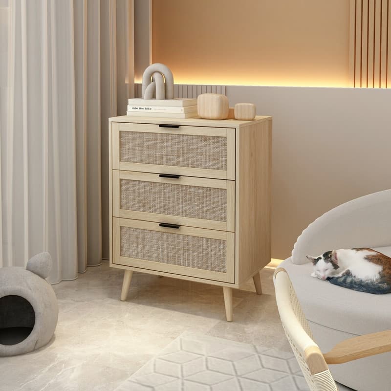 Wood Storage Cabinet with 3 Engineered Rattan Drawer Suitable for Bedroom,Living Room,Study