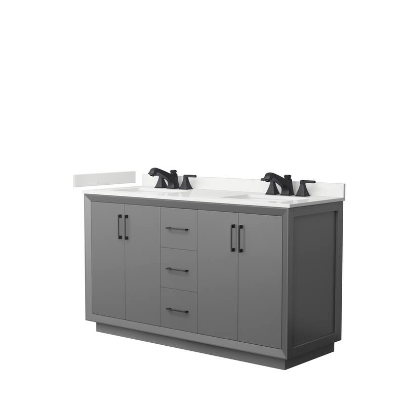 Strada 60-inch Double Vanity, Quartz Top - Dark Gray, Black Trim, White Quartz Top