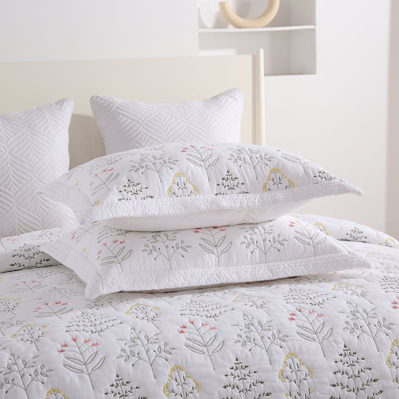3Pcs 100% Cotton Floral Quilted Bedspread Set