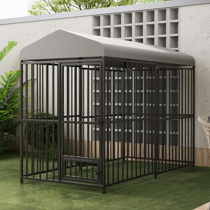 Dog Cage Kennel with Rotating Feeding Bowl Waterproof Roof Cover