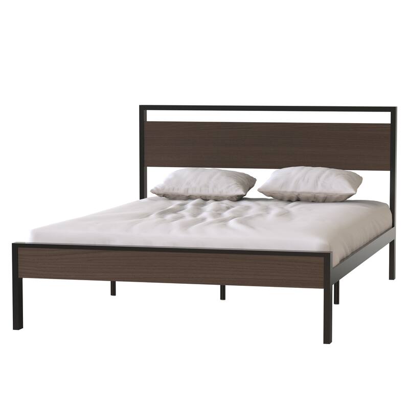 Christopher Knight Home - Ceres Industrial Black Metal Queen Bed with Walnut Wood Headboard & Footboard, No Box Spring Needed