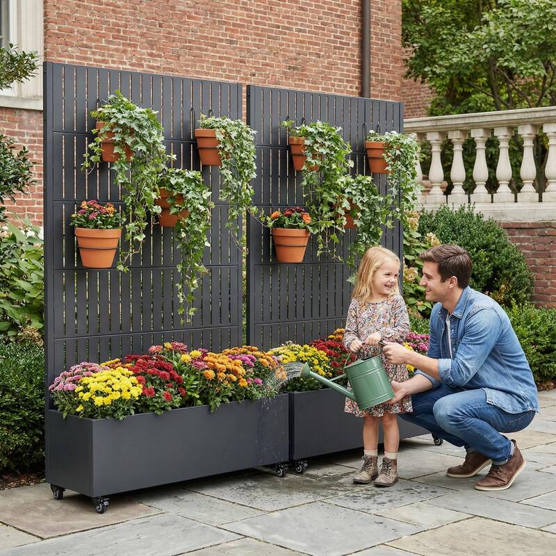 Outdoor Metal Planter Box Raised Garden Beds with Trellis (Set of 2)