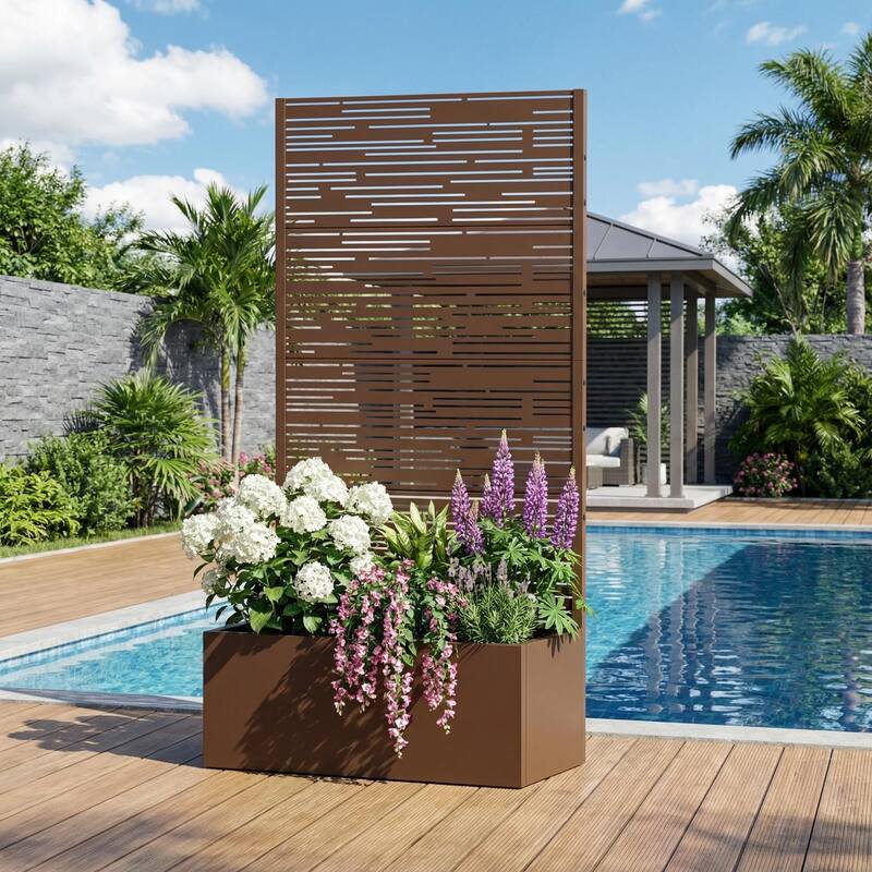 Metal Galvanized Planter Box with Trellis Privacy Screen Lockable Wheels