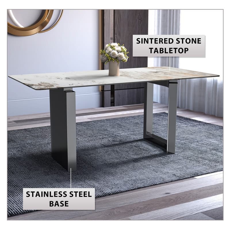 Astra Contemporary Rectangular Dining Table with Sintered Stone or Glass Top, Stainless Steel Base for Family and Entertainment