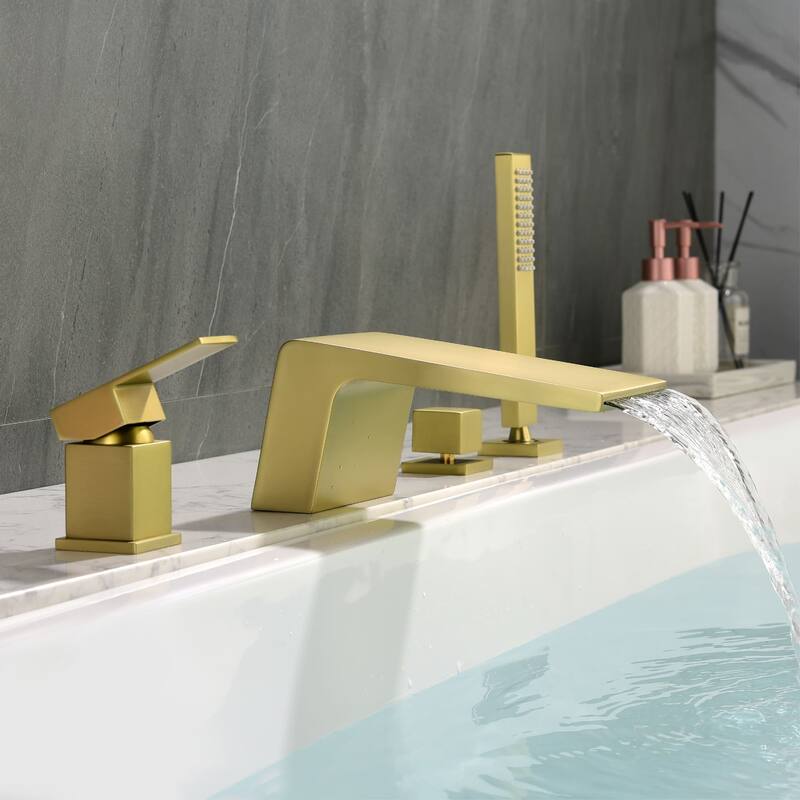 Waterfall Tub Faucet With Hand Shower Deck Mount Tub Filler With Sprayer Modern Bathtub Faucets Set With Diverter And Valve