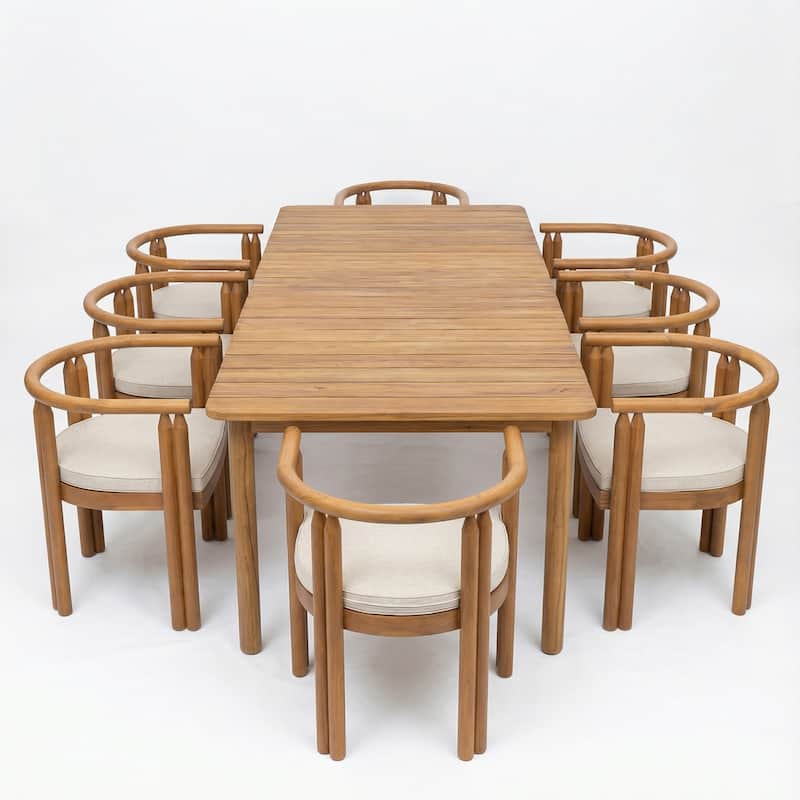 Christopher Knight Home - Outdoor Solid Wood Dining Set with Cushioned Armrest Chairs in Teak Finish (9-Piece Set)