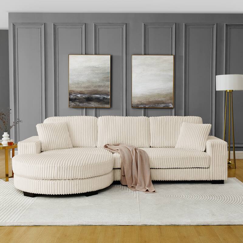 Corduroy Upholstered L-shaped Sectional Sofa, Chaise Lounge Couch with Arc-shaped Ottoman and Removable Cushions for Living Room