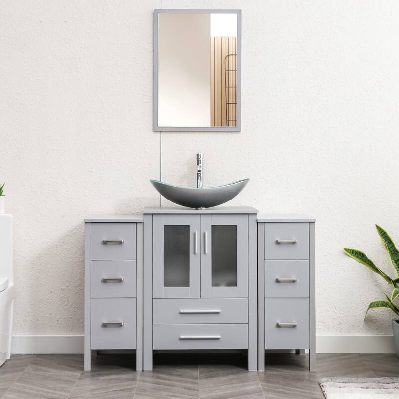 48" Bathroom Vanity Set Vessel Sink Mirror Faucet W/ Small Cabinet Combo - Glass silver boat sink - Grey
