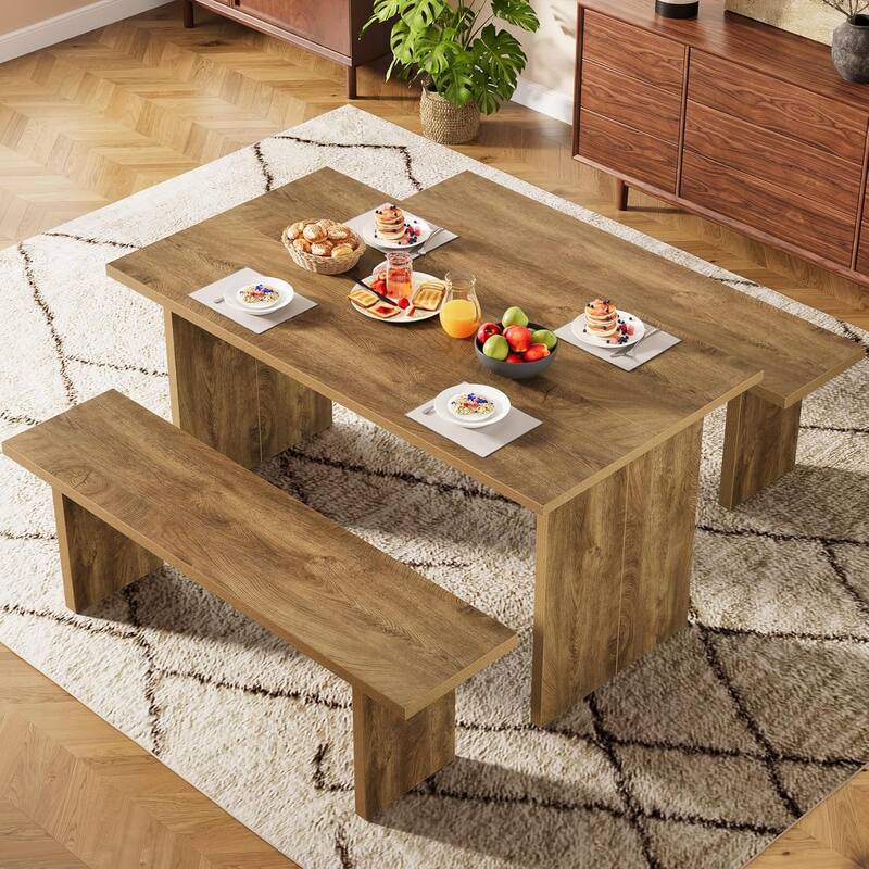 3 Pieces Rectangular Dining Table Set with 2 Benches, 55" Farmhouse Kitchen Table Set