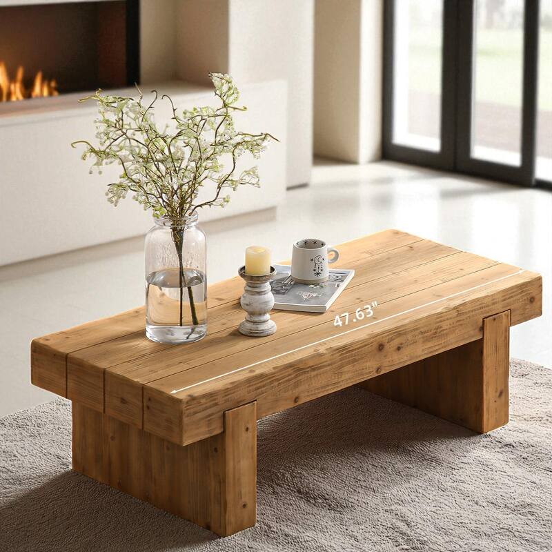 47.56" Farmhouse Solid Wood Coffee Table - Rustic Rectangular Cocktail Table with Thick Block Legs, Low Profile Accent Table
