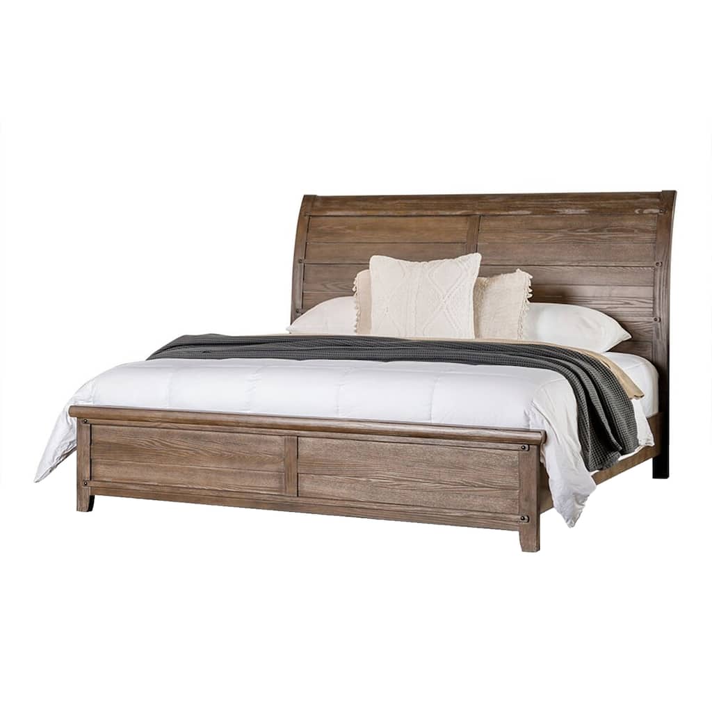 Merry Queen Bed, Curved Panel Headboard, Rivet Accents, Brown Wood