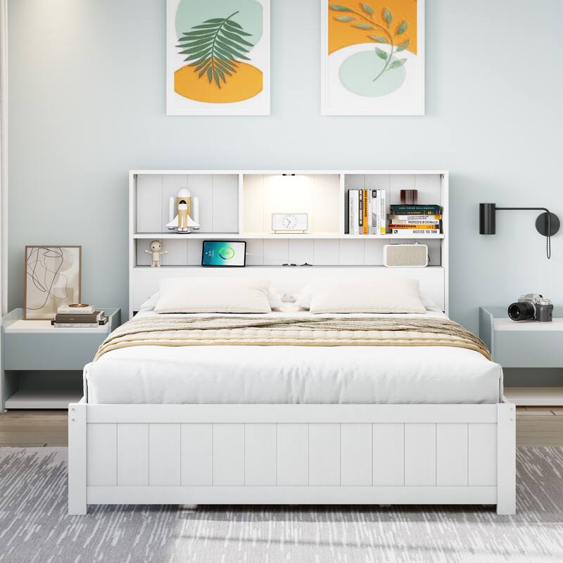 Wood Platform Bed Frame with Built-In Night Light/Charging Station/Open Bookcase Headboard/and 2 Side Drawers/Wood Slats Support