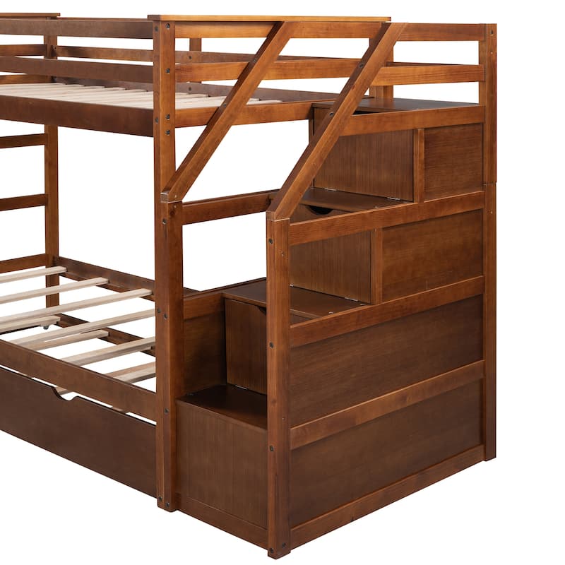 Kids Twin Ove Twin Bunk Bed with Pull-Out Trundle and 3 Storage Stairs, Safety Guardrails and Armrest