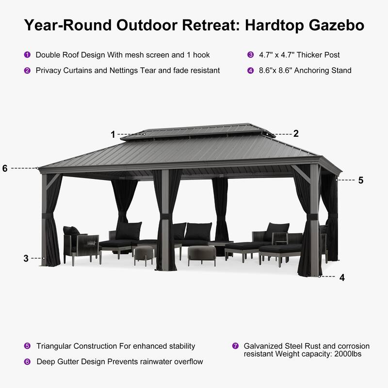 PURPLE LEAF Patio Gazebo for Backyard Hardtop Galvanized Steel Frame with Upgrade Curtain - Light Grey