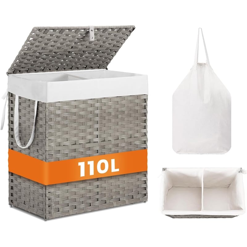 Laundry Hamper with Lid, Synthetic Rattan Clothes Laundry Basket with Lid and Handles, Foldable, Removable Liner