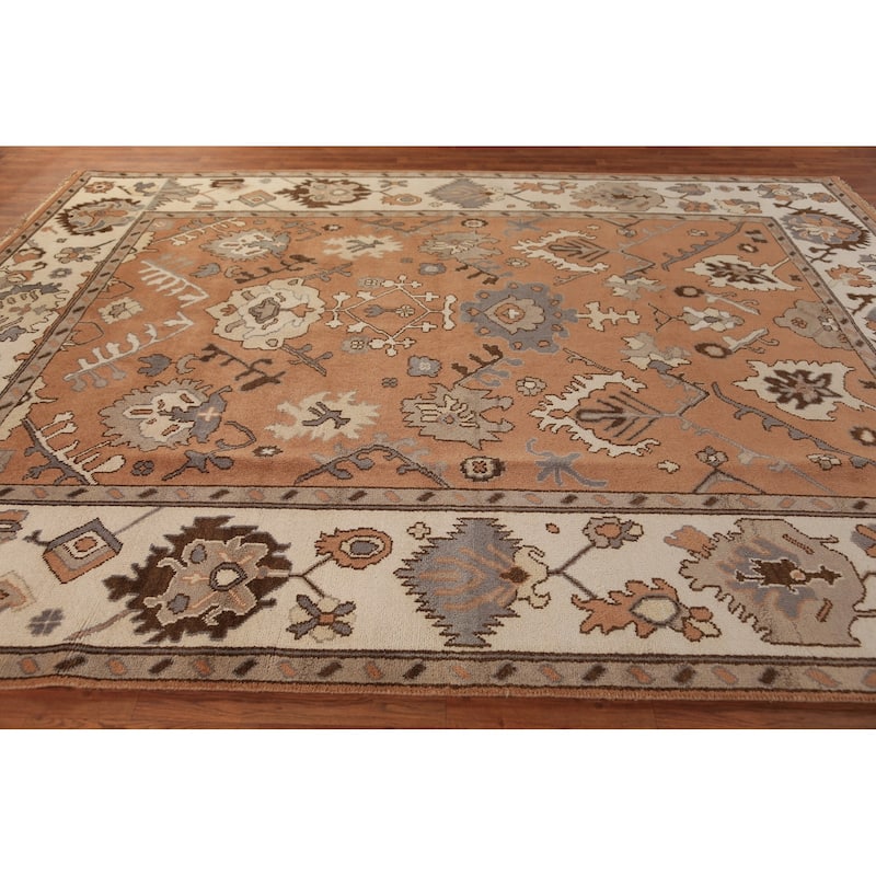 Orange Floral Oushak Indian Area Rug Handmade Wool Carpet - 9'1"x 11'11"