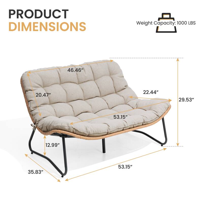 Double Papasan Chair Loveseat with Cushion, All-weather PE Rattan and Metal Frame for Indoor Outdoor