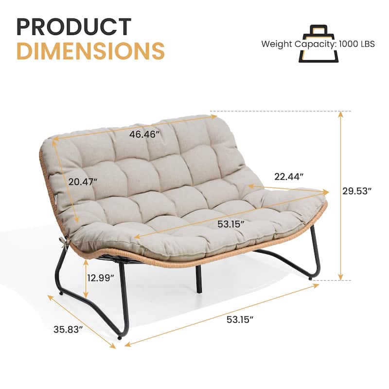 Outdoor Double Papasan Chair Loveseat Oversized PE Rattan Chair with Cushion