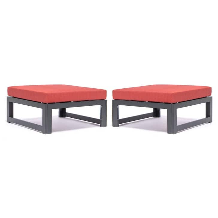 Chelsea Patio Ottoman in Black Aluminum with Cushions Set of 2 by LeisureMod - Red