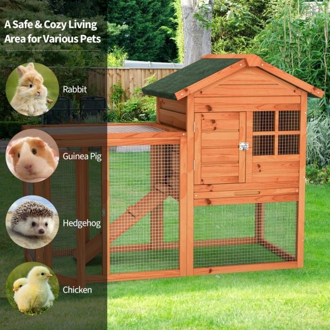 2-Story Wooden Rabbit Hutch with Running Area - 48.5" x 25" x 37" (L x W x H)