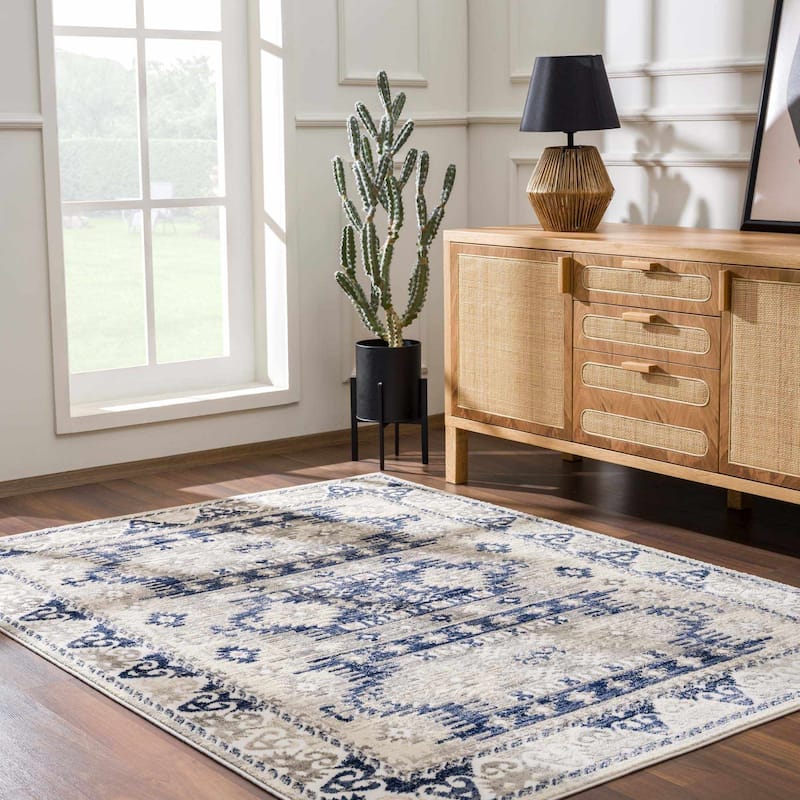 Brend Traditional Oriental Medallion Area Rug - 5'3" x 7' - Silver Gray,Navy / Bindi