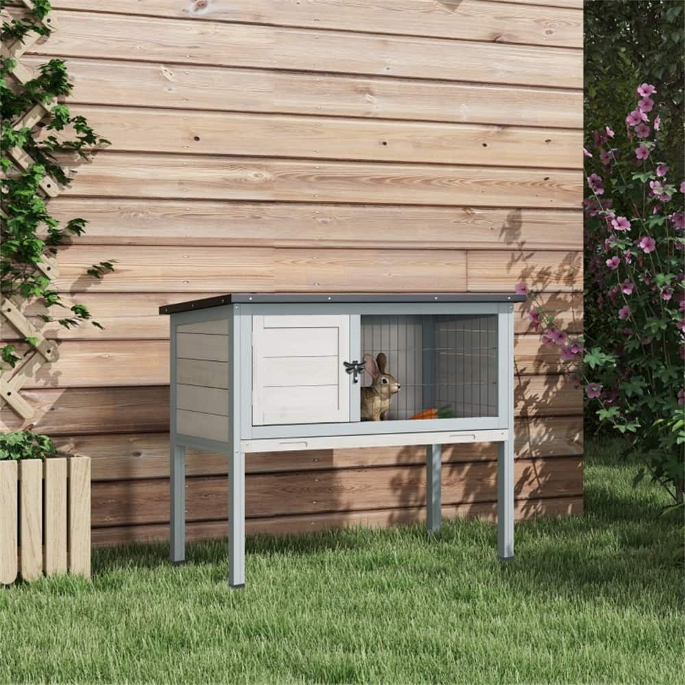 Gray and Black Fir Wood Bunny Hutch with Raised Design Sliding Tray and Predator Protection for Small Pets