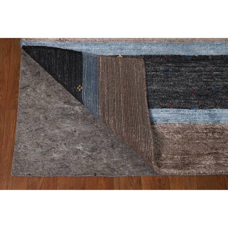 Hand Knotted Oriental Viscose Silk Carpet Tribal Stripe Greys & Charcoal Gabbeh Area Rug - 9' 7'' X 8' 5''