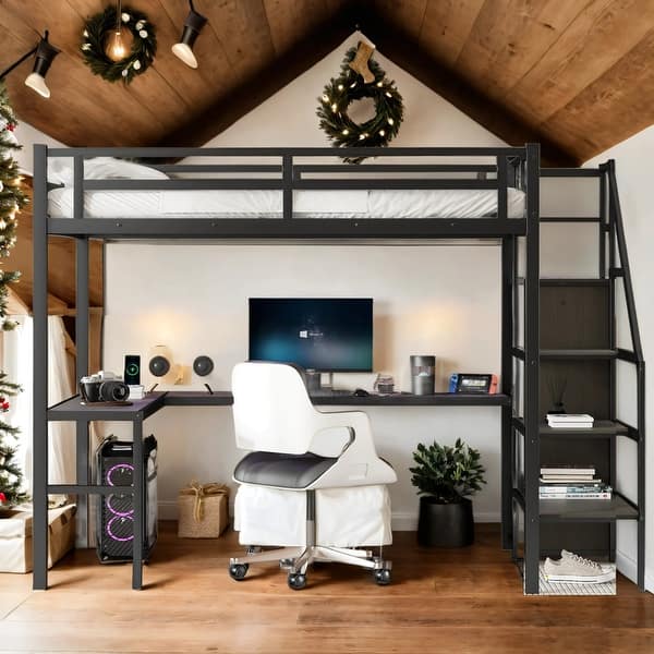slide 2 of 11, Metal Full XL Size LED Loft Bed with L-shaped Desk and USB,Wardrobe,Kids Bed Design