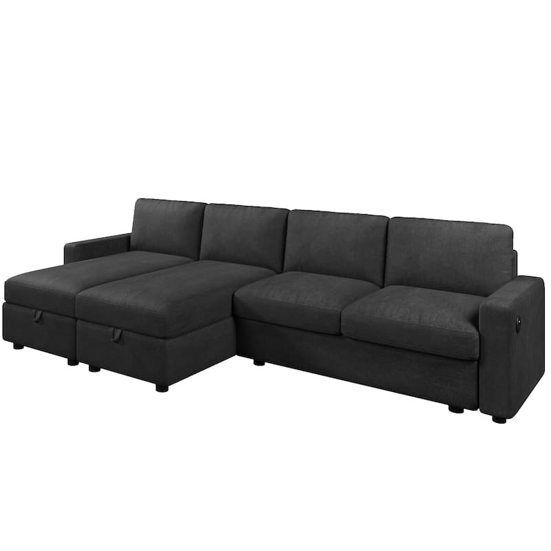 103.9" Sectional Sofa Convertible Sectional Sofa, U-shaped Sofa with Two Storage Chaise Lounges and Four USB Ports