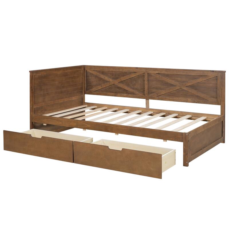 Twin Wood Daybed with 2 Storage Drawers and X-Pattern Guardrail - No Box Spring Required, Ideal for Small Spaces