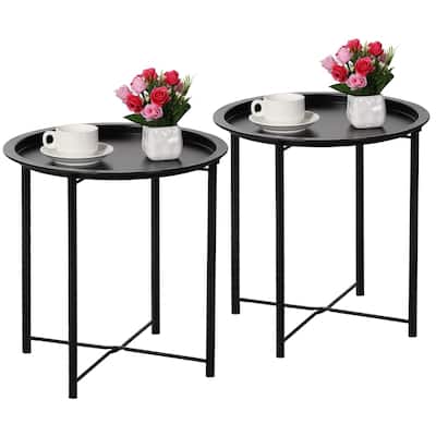 VECELO Modern Side Table with Round Removable Tray,Black(Set of 1/Set of 2)