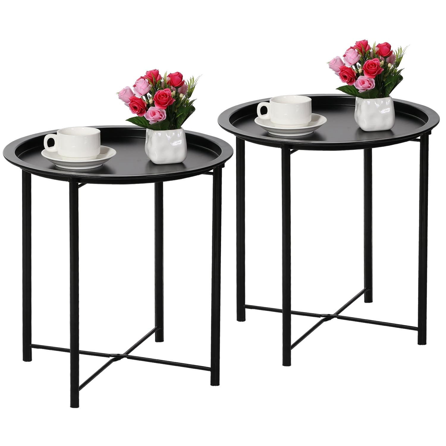 VECELO Modern Side Table with Round Removable Tray,Black(Set of 1/Set of 2)