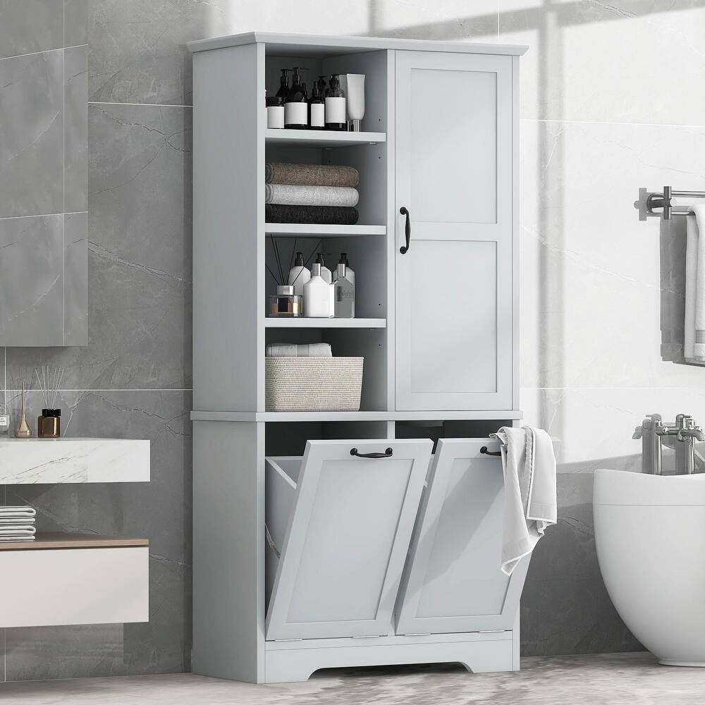 Bathroom Storage Cabinet with Doors and Drawers, Tilt-Out Laundry Hamper