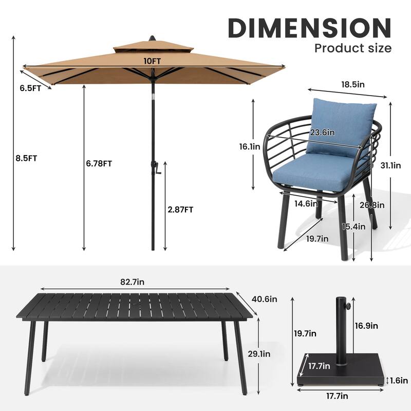9/11-PieceOutdoor Patio Dining Set with Sunbrella Cushions Aluminum Dining Table and Chairs w/10 ft Umbrella and Base