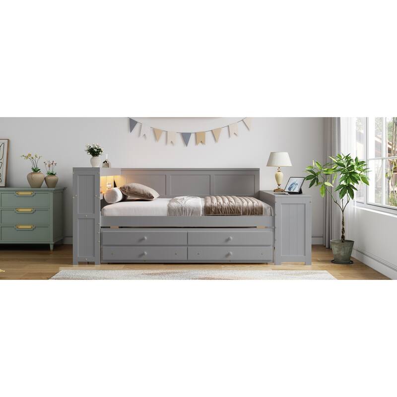 Roomfitters Full Daybed with Trundle, Storage Shelves and Charging Station